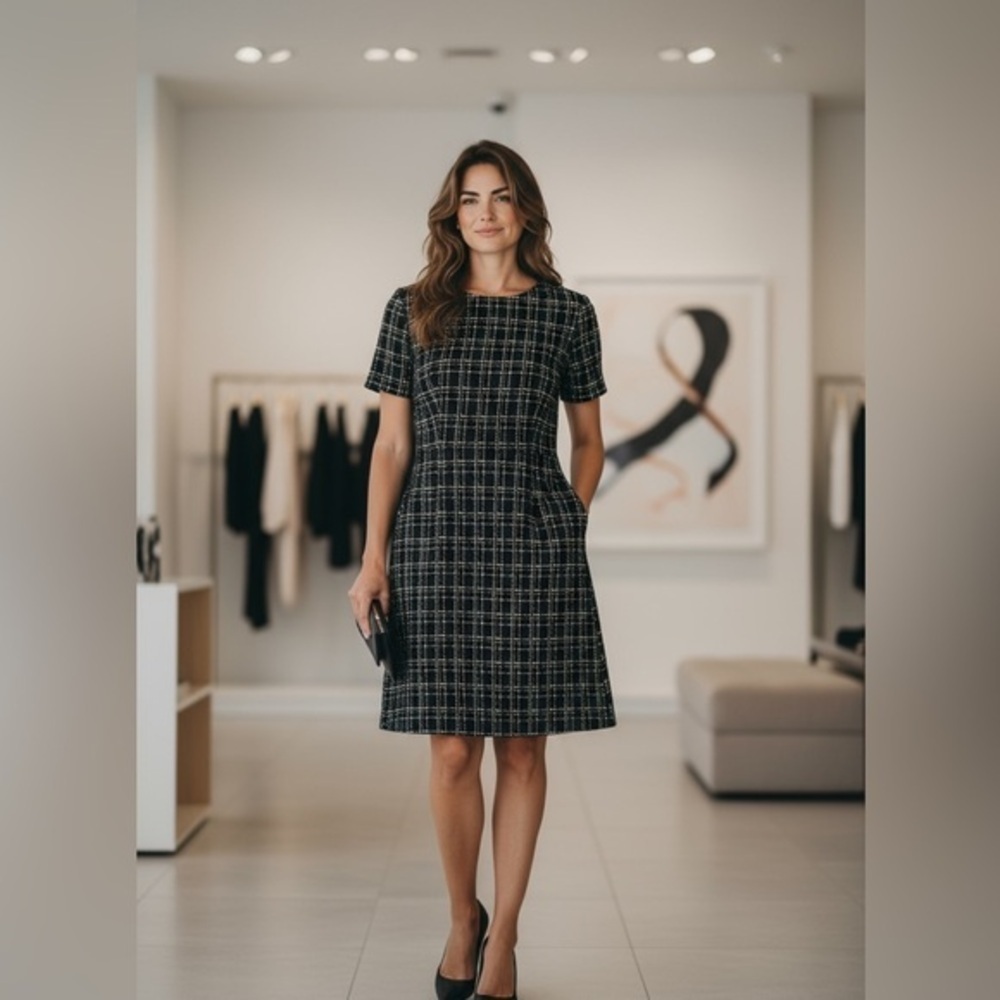 ON 34th Black Gold Plaid Tweed Dress Size 10 | Thick Fabric w/ Pockets